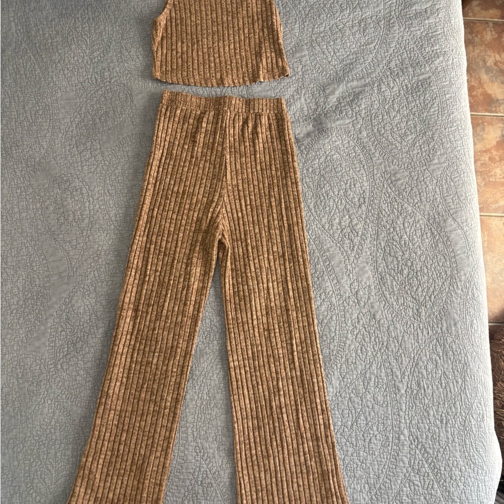 SHEIN Brown Ribbed Wide Leg Pants & Crop Top Set